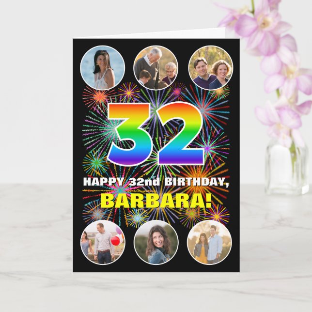 Tarjeta 32° cumpleaños: Arcoiris divertido #, nombre perso (Orquídea)