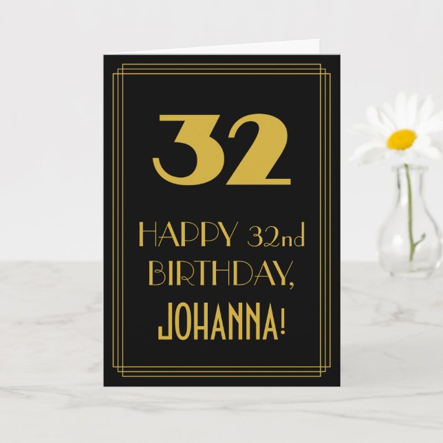 Tarjeta 32° cumpleaños - Estilo Art Decó "32" y nombre (Planta pequeña)