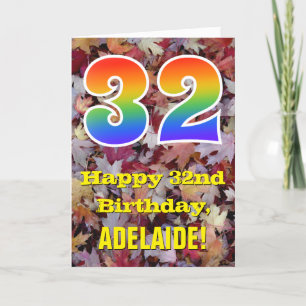 Tarjeta 32° cumpleaños; hojas de otoño rústicas; arco iris