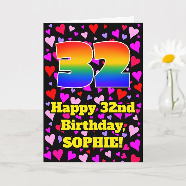 Tarjeta 32nd Birthday: Loving Hearts Pattern, Rainbow # 32 (Planta pequeña)