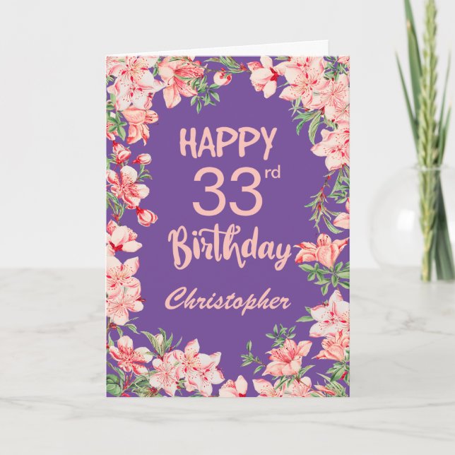 Tarjeta 33.ª Nacimiento Morado Peach Peach Floral (Anverso)
