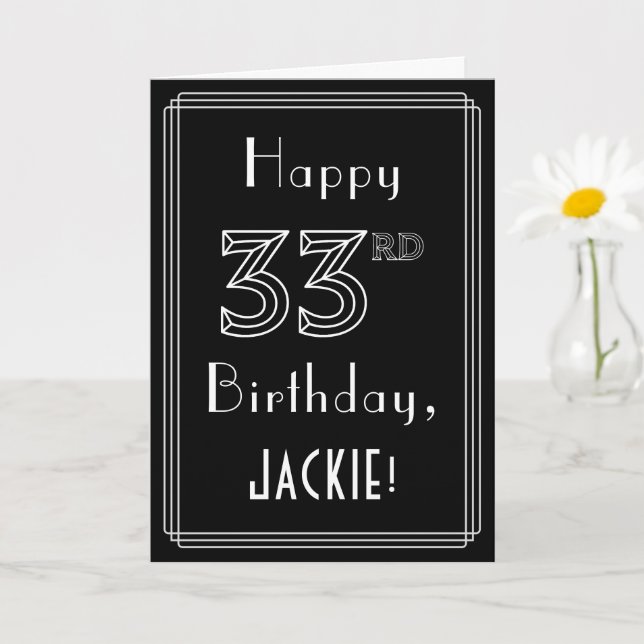 Tarjeta 33.º cumpleaños: Art Deco Style # 33 y nombre pers (Planta pequeña)