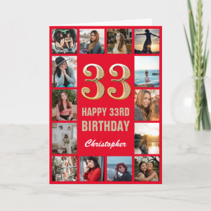 Tarjeta 33.ᵉʳ feliz cumpleaños Collage de fotos rojo y oro