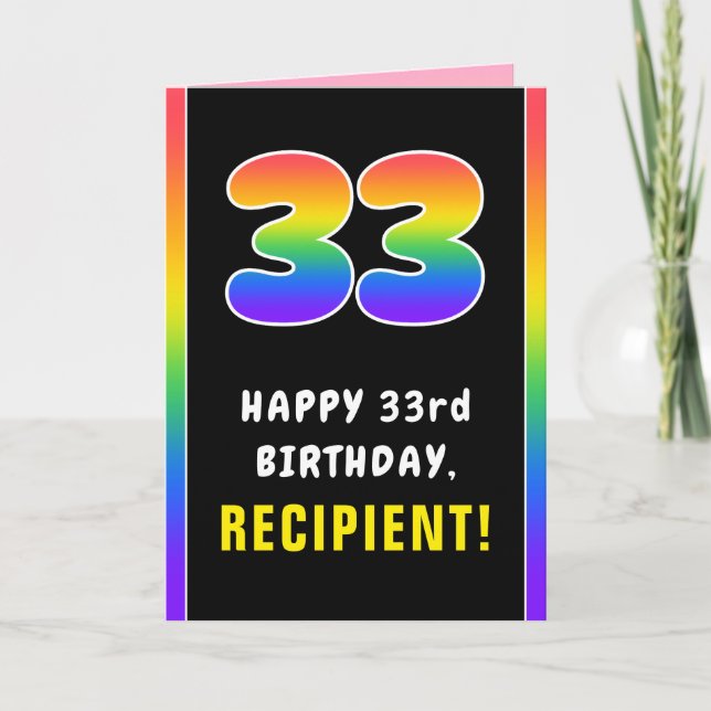 Tarjeta 33° cumpleaños: arcoiris colorido # 33, nombre per (Anverso)