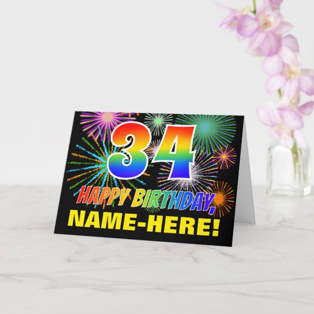 Tarjeta 34º cumpleaños: negrita, diversión, fuegos artific (Orquídea)