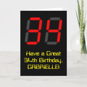 Tarjeta 34º cumpleaños: Red Digital Clock Style "34" + Nom