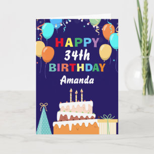 Tarjeta 34.ª alegría de los globos de cumpleaños azul de l