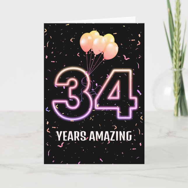 Tarjeta 34.º Balón de cumpleaños y Confetti (Anverso)