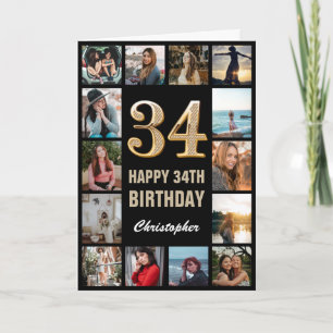 Tarjeta 34.º feliz cumpleaños Collage de fotos negro y oro