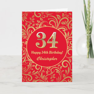 Tarjeta 34.º patrón floral rojo y dorado