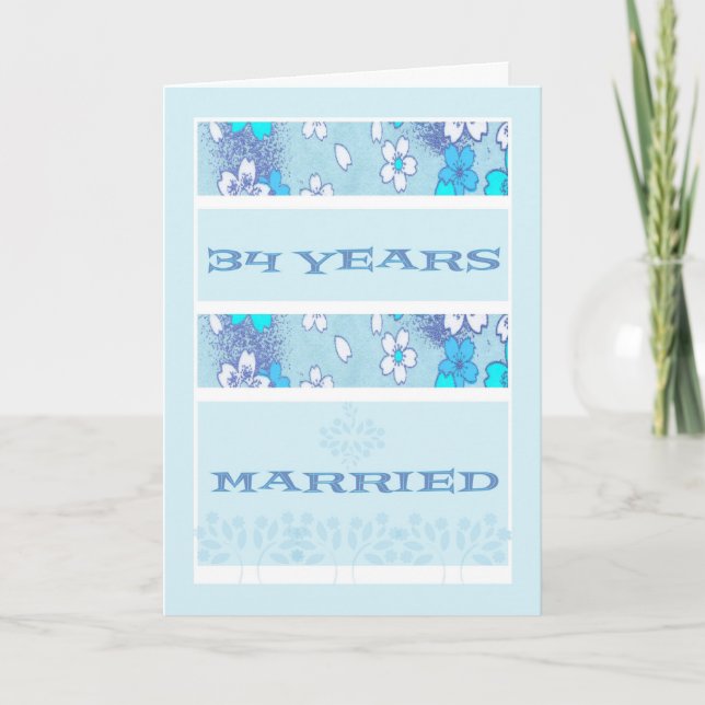Tarjeta 34° aniversario Boda en Flores Azules (Anverso)