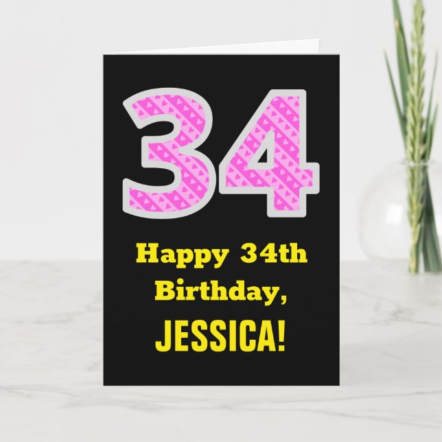 Tarjeta 34 Aniversario: Tiras y corazones rosados "34" + N (Anverso)