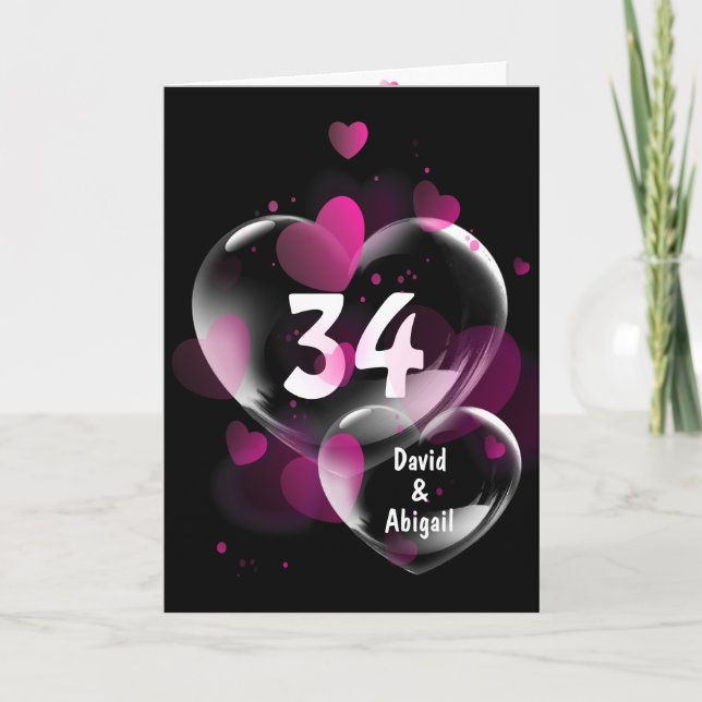 Tarjeta 34 años: Las burbujas del corazón en negro (Anverso)