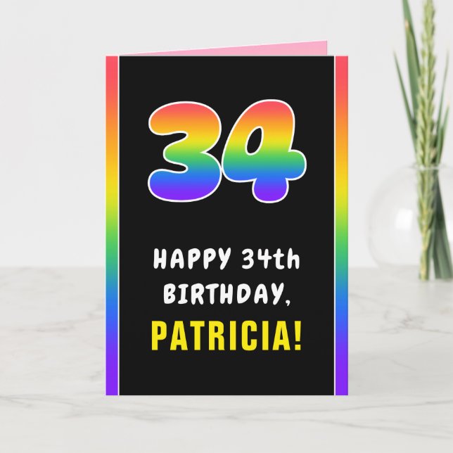Tarjeta 34° cumpleaños: arcoiris colorido # 34, nombre per (Anverso)