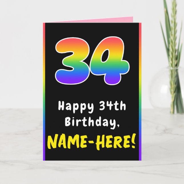 Tarjeta 34° cumpleaños: arcoiris colorido # 34, nombre per (Anverso)