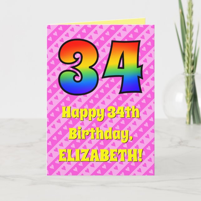 Tarjeta 34° cumpleaños: Rayas y corazones rosas, arcoiris  (Anverso)