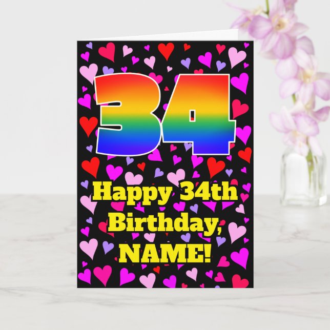 Tarjeta 34th Birthday: Loving Hearts Pattern, Rainbow # 34 (Orquídea)