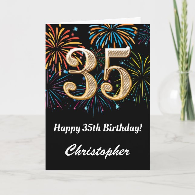 Tarjeta 35.º cumpleaños fuegos arcoiris negro y oro (Anverso)