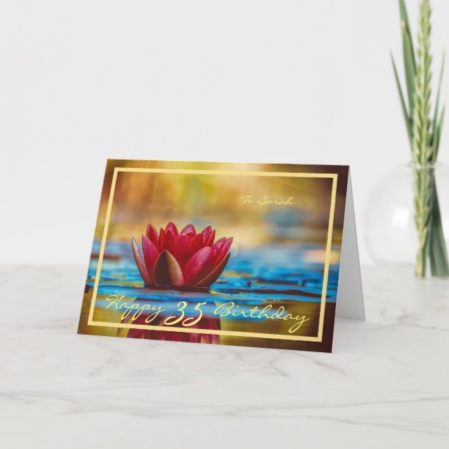 Tarjeta 35.º Marco de oro elegante de Sarah Red Water Lily (Anverso)