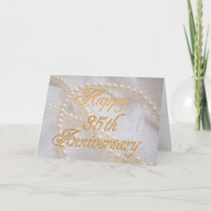 Tarjeta 35° aniversario boda con encaje y perlas