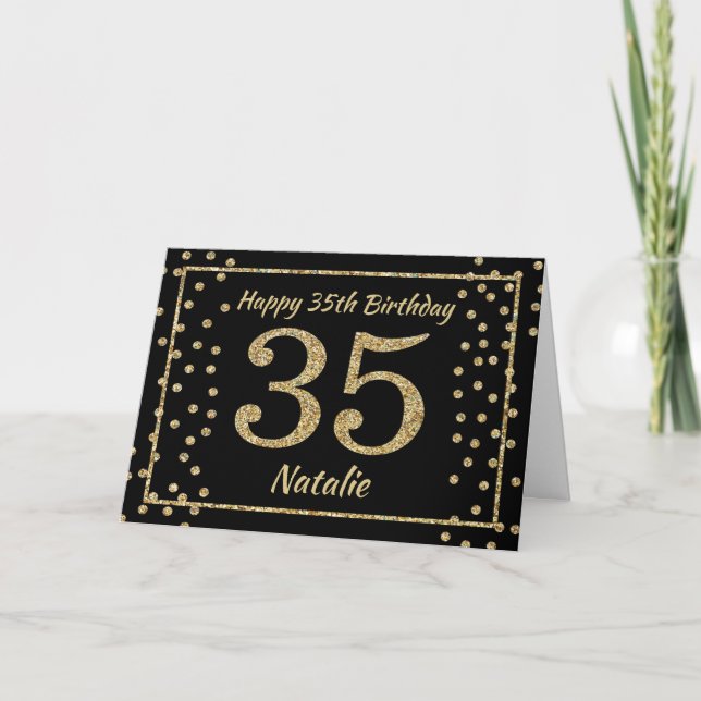 Tarjeta 35th Birthday Black and Gold Glitter Confetti Card (Anverso)