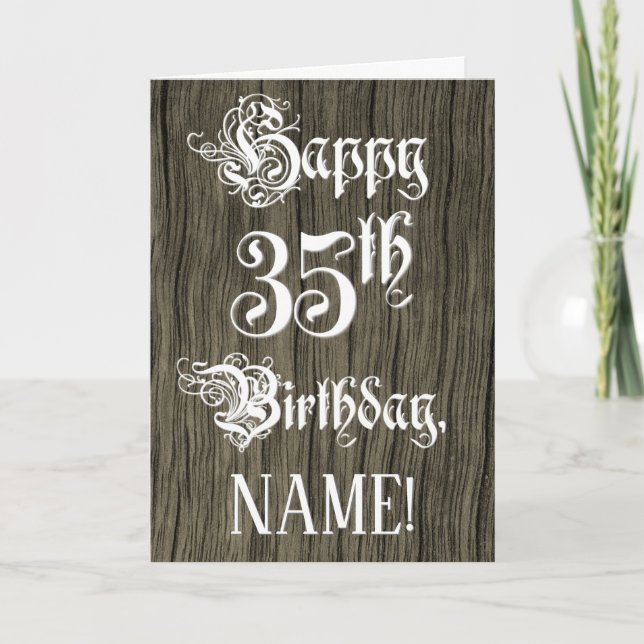 Tarjeta 35th Birthday: Fancy, Elegant Text; Faux Wood Look (Anverso)