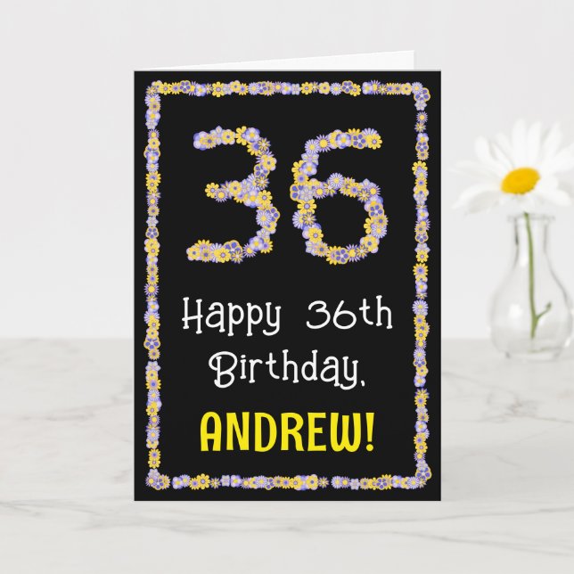 Tarjeta 36º cumpleaños: número de flores florales, nombre  (Planta pequeña)