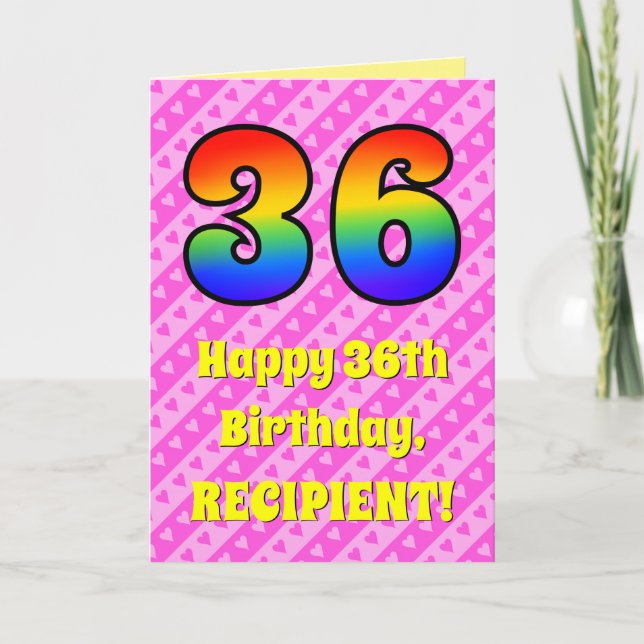 Tarjeta 36º cumpleaños: Rayas y corazones rosados, arcoiri (Anverso)