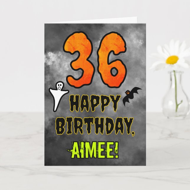 Tarjeta 36º cumpleaños: Tema de Eerie Halloween + nombre p (Planta pequeña)
