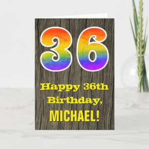 Tarjeta 36.º cumpleaños: Rustic Faux Wood Look, Rainbow "3