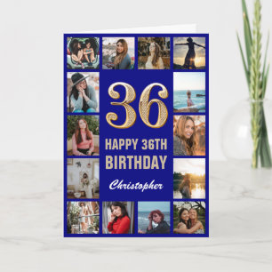Tarjeta 36.º feliz cumpleaños Collage de fotos azul y oro 