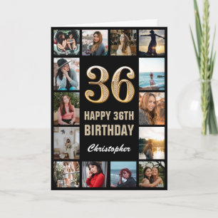 Tarjeta 36.º feliz cumpleaños Collage de fotos negro y oro