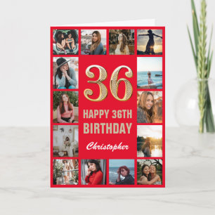Tarjeta 36.º feliz cumpleaños Collage de fotos rojo y oro