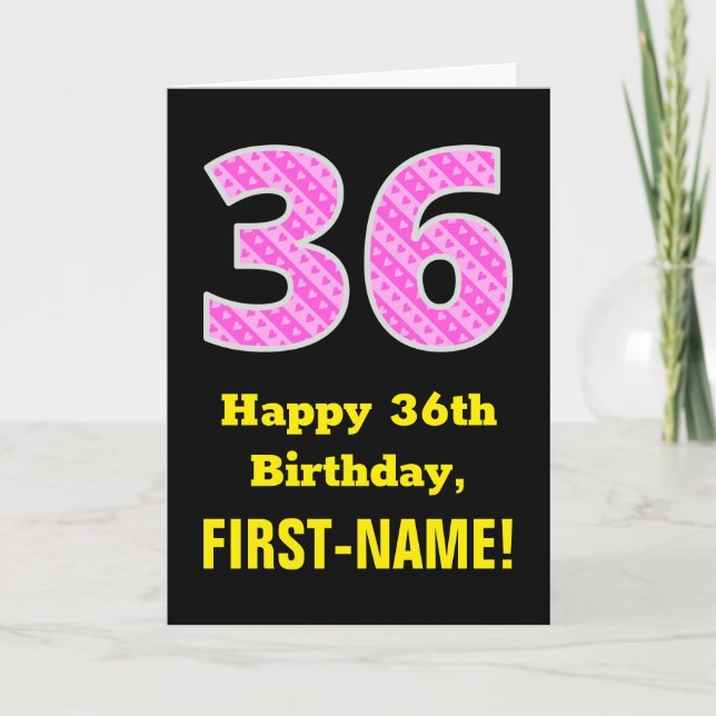 Tarjeta 36 Aniversario: Tiras y corazones rosados "36" + N (Anverso)