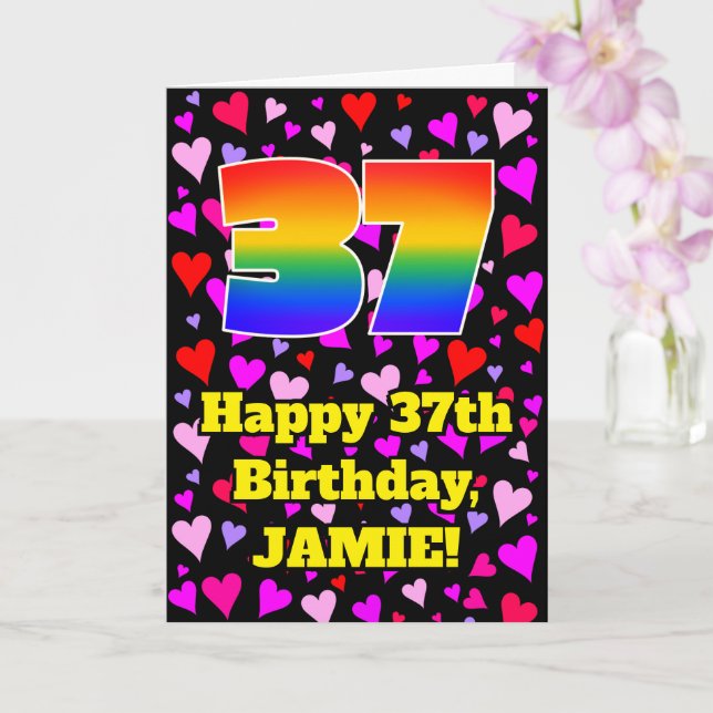 Tarjeta 37º cumpleaños: Patrón de corazones amorosos, arco (Orquídea)