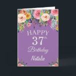 Tarjeta 37.ª acuarela Flores florales moradas<br><div class="desc">37 cumpleaños Watercolor Floral Flores Purple Card con nombre y edad personalizados. Para una mayor personalización,  haga clic en el botón "Personalizar" y utilice nuestra herramienta de diseño para modificar esta plantilla.</div>