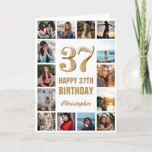 Tarjeta 37.º Collage de fotos blanco y oro feliz cumpleaño