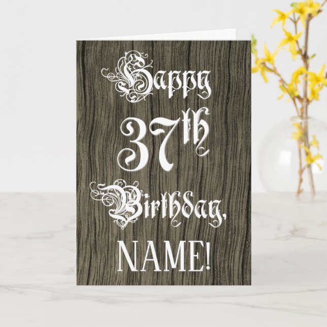 Tarjeta 37th Birthday: Fancy, Elegant Text; Faux Wood Look (flor amarilla)