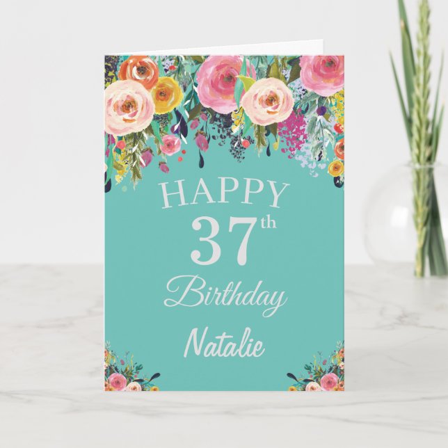 Tarjeta 37th Birthday Watercolor Floral Flowers Teal (Anverso)