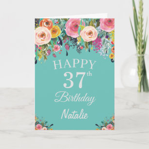 Tarjeta 37th Birthday Watercolor Floral Flowers Teal