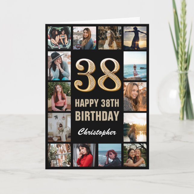 Tarjeta 38.º feliz cumpleaños Collage de fotos negro y oro (Anverso)