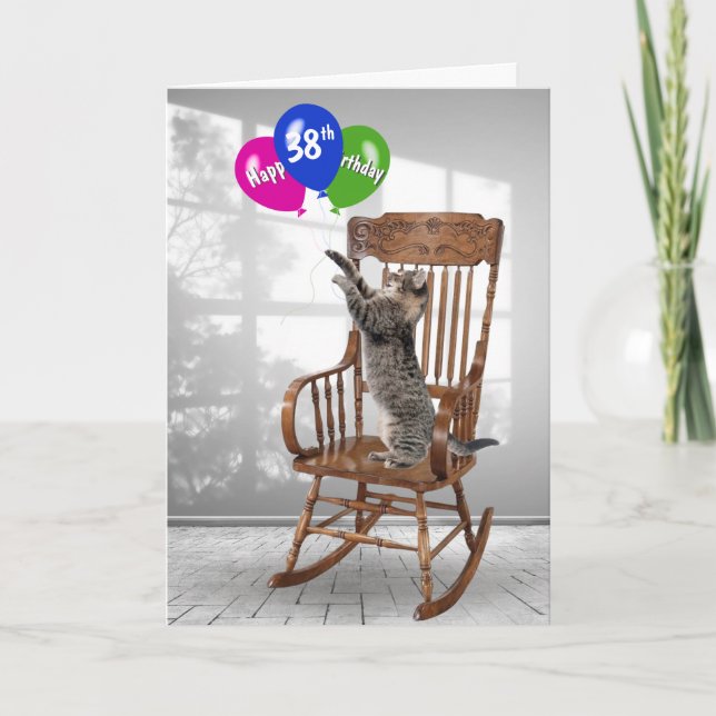 Tarjeta 38.º Gato De Cumpleaños Con Globos (Anverso)
