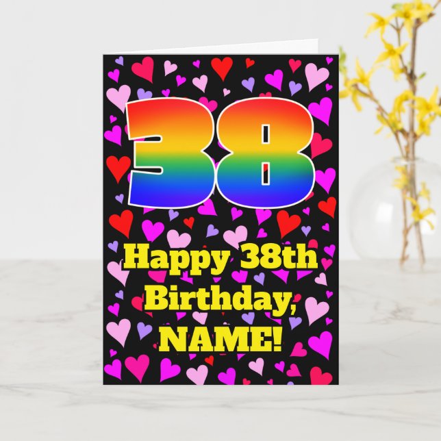 Tarjeta 38th Birthday: Loving Hearts Pattern, Rainbow # 38 (flor amarilla)