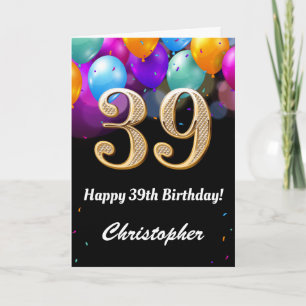 Tarjeta 39.º cumpleaños Globos de color negro y oro