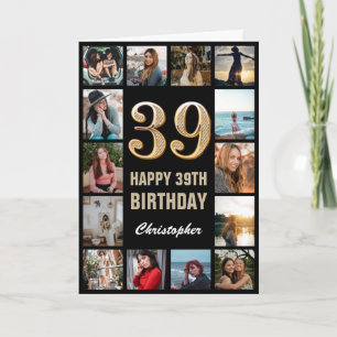 Tarjeta 39.º feliz cumpleaños Collage de fotos negro y oro