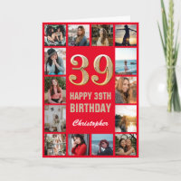 39.º feliz cumpleaños Collage de fotos rojo y oro