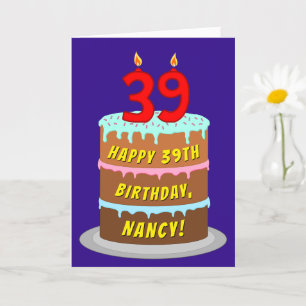 Tarjeta 39° cumpleaños: pastel de diversión y velas + nomb