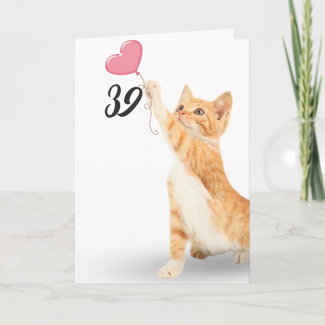 Tarjeta 39th birthday tabby cat with heart balloon (Anverso)