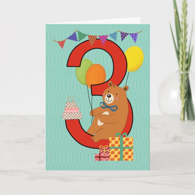Tarjeta 3.ᵉʳ cumpleaños con el oso sentado (Anverso)