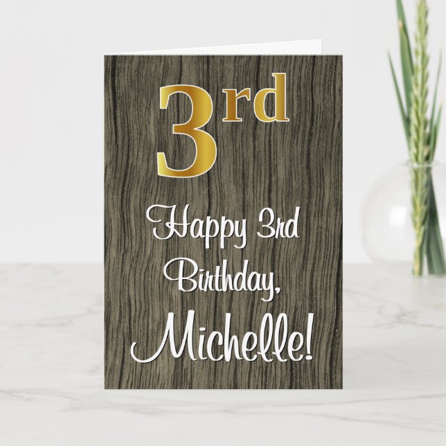 Tarjeta 3.ᵉʳ Cumpleaños: Elegante Faux Gold Look #, Faux W (Anverso)